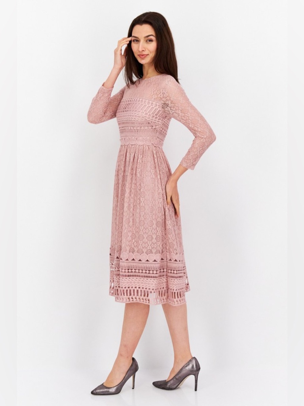 ASOS Design Women Lace Embroidered Midi Dress in Pink NWT - Picture 5 of 11
